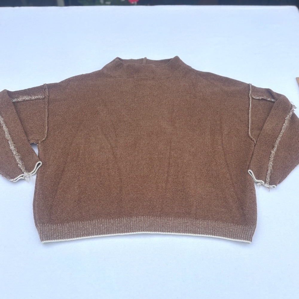 Zenana Women Brown Mock Neck Oversized Raw Seam Knit Sweater TW-21047 Medium